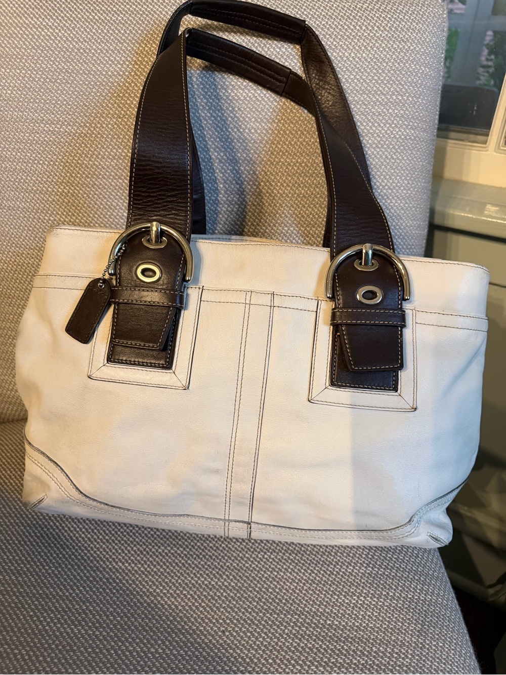 Coach Cream Leather bag with Dark Brown Straps and Buckle Accents